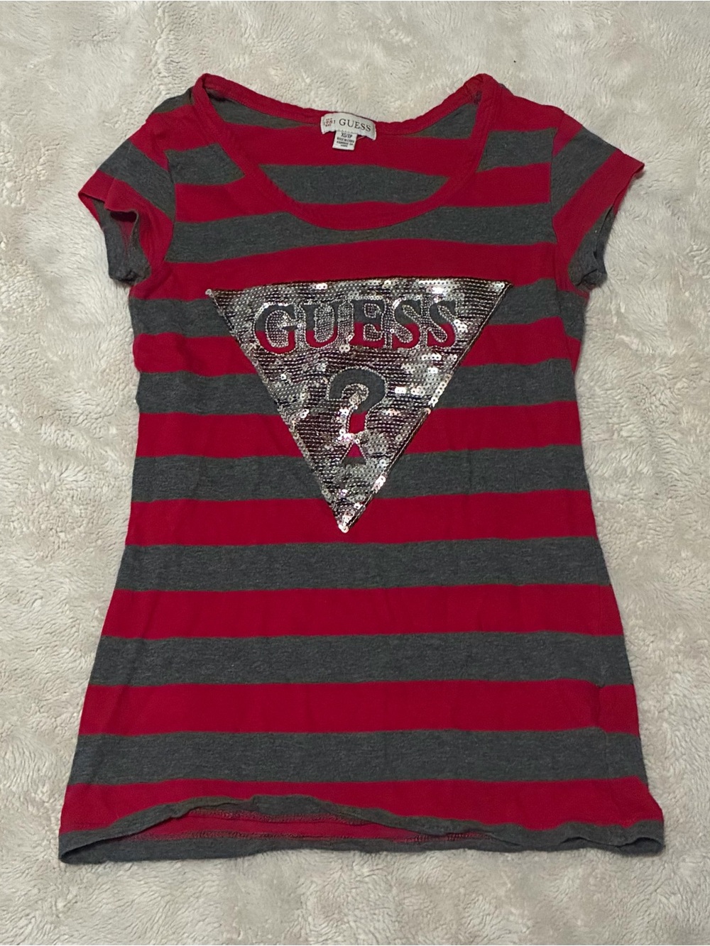 GUESS Red & Gray Striped Sequin Triangle Logo Tee